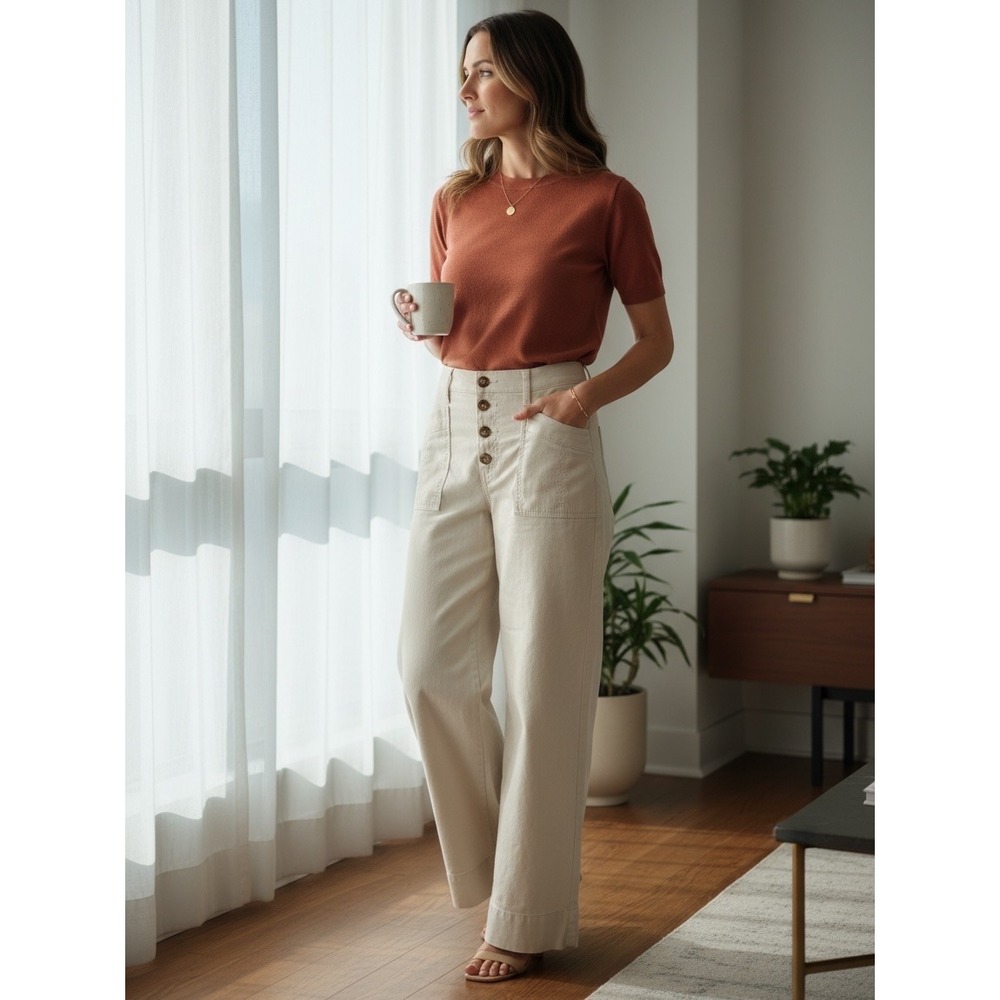 Evereve Wide Leg Pants Women 28 Beige Linen Lyocell Blend Button Fly High Rise